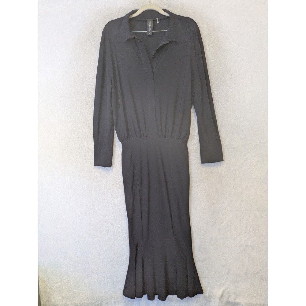 Norma‎ Kamali Maxi Dress Women's XS Navy Blue Collared Long Sleeve Mermaid Hem